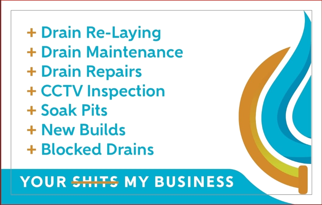 Double Dz Drainage service banner — Drain Re-Laying, Drain Maintenance, Drain Repairs, CCTV Inspection, Soak Pits, New Builds, Blocked Drains. Your shit's my business.